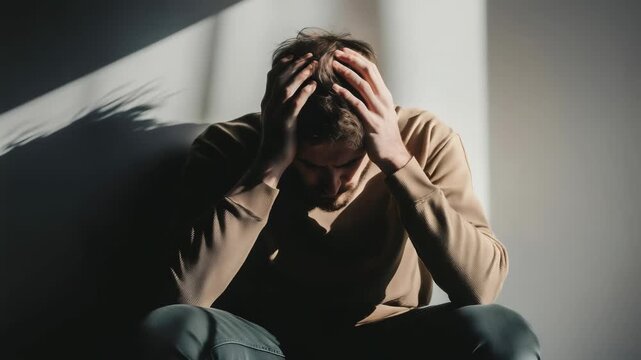Young male sitting against wall, gripping head with hands, experiencing mental distress, portraying emotional struggle through sequential frames showing psychological strain
