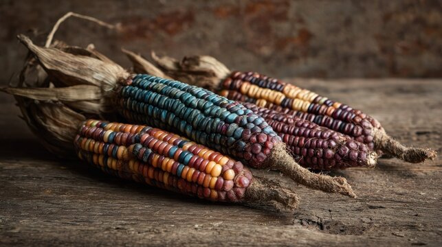 Close up of colorful dried corn cobs on aged wood texture background