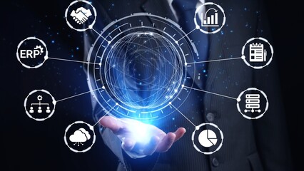 Obraz premium ERP icons show management, integration, and business process. ERP supports data management, ERP efficiency, and ERP organizational solutions. Gist