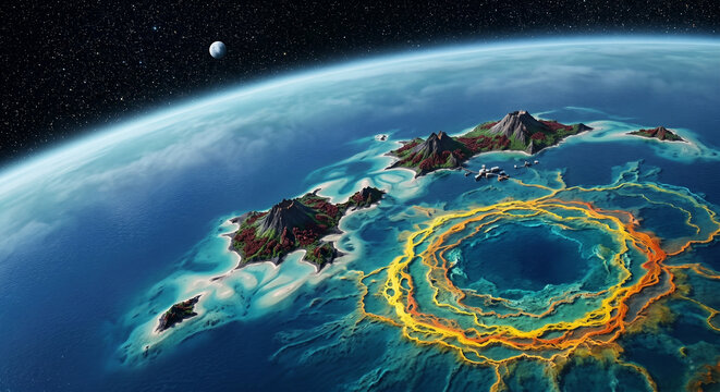 A dramatic view of an alien world from space with a glowing impact crater on a large landmass