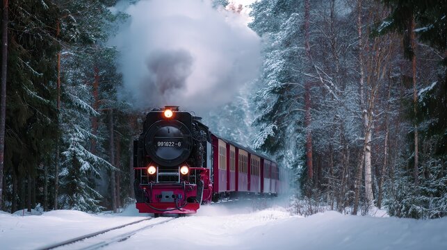Vintage loco, red undercarriage, maroon, emits white smoke through snowy pine forest. Warm headlights glow against cold blue white winter. Tracks cut snowbanks, flanked by evergreens & birc