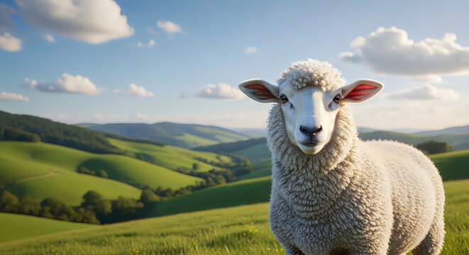 Close-up of white sheep in green rolling hills landscape