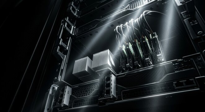 Close up of computer hardware with heatsinks and cables illuminated