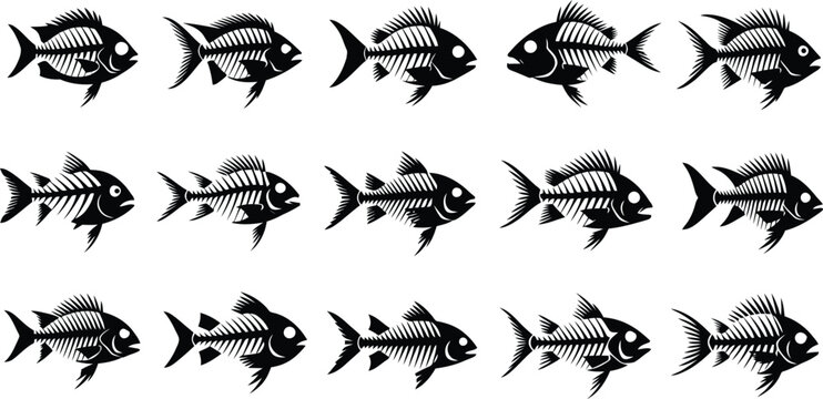 A group of identical black fish skeleton illustrations, showcasing detailed bones, fins, and a visible eye.