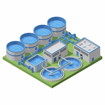 Modern water treatment plant facility isometric illustration.