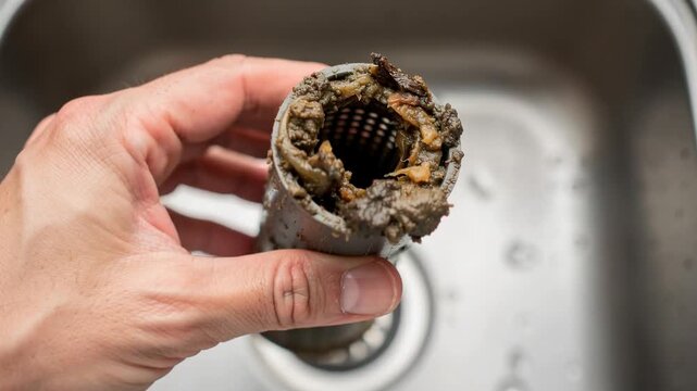Hand holding clogged kitchen sink strainer filled with wet food scraps and debris for cleaning