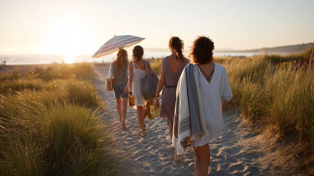 Faceless perspective shot looking down a sandy beach path at golden hour, a diverse group of four friends walking ahead carrying towels, a beach umbrella, and a small cooler, warm