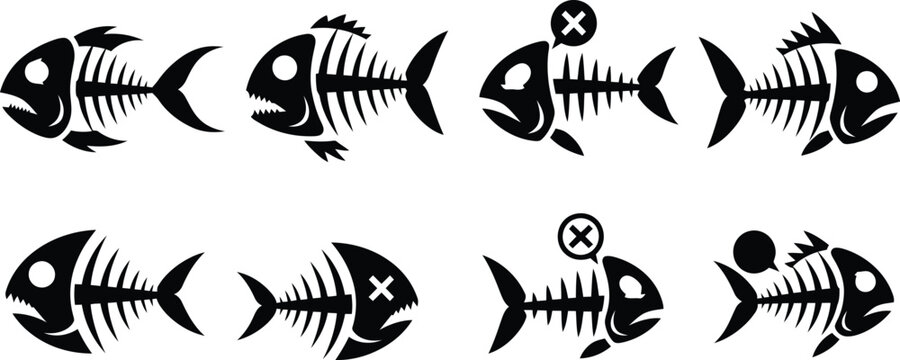Collection of stylized black fish skeletons, some with 'x' marks and speech bubbles