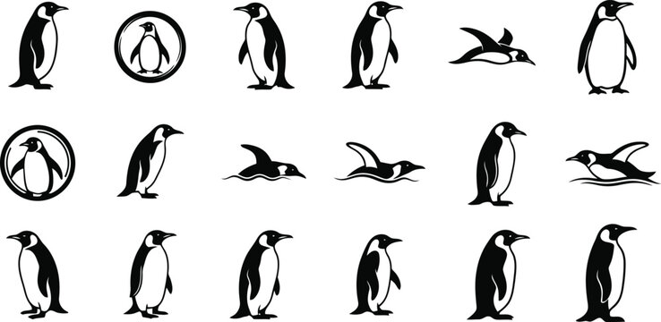 Collection of stylized penguin icons showcasing various poses, swimming, and standing postures.