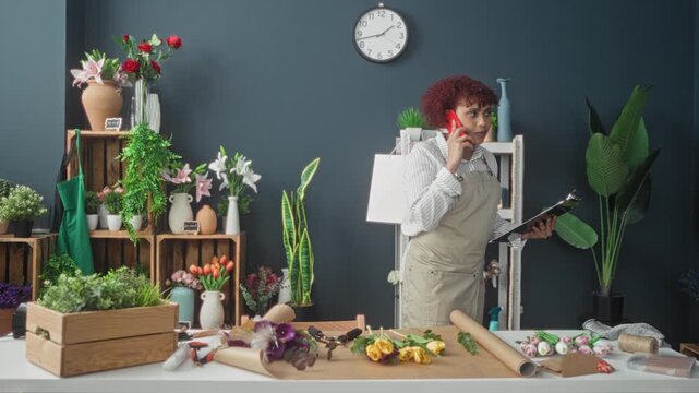Woman florist wearing apron holds smartphone to ear and checks clipboard amid vases, tulips and wrapping paper in a studio; friendly customer service.