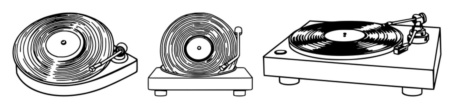 Vinyl record player set with black line art illustration on white background featuring music, DJ tools, audio with CD and turntable