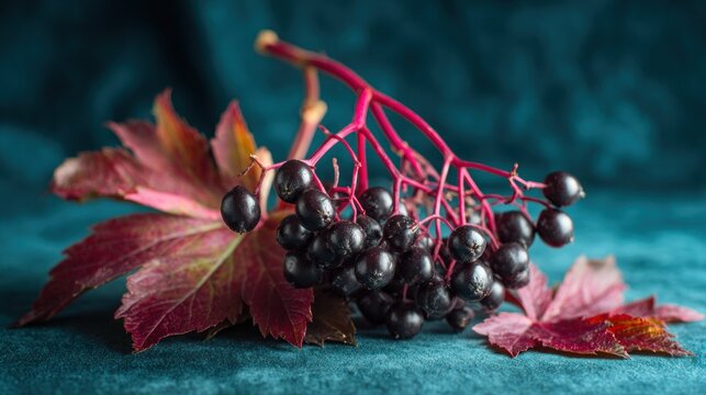 Close up of elderberries and vibrant autumn leaves on a textured surface