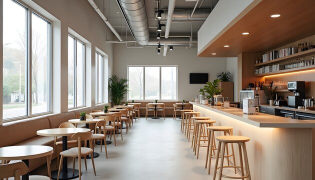 Bright modern cafe with window views, counter, and wooden stools