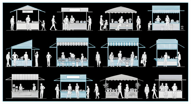 AutoCAD Market Stall CAD Block Set &ndash; Vendor Booths People Urban Retail Elevation Blueprint Cyan Outline on Black Background