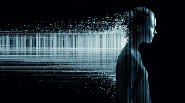 Human silhouette dissolving into data streams.