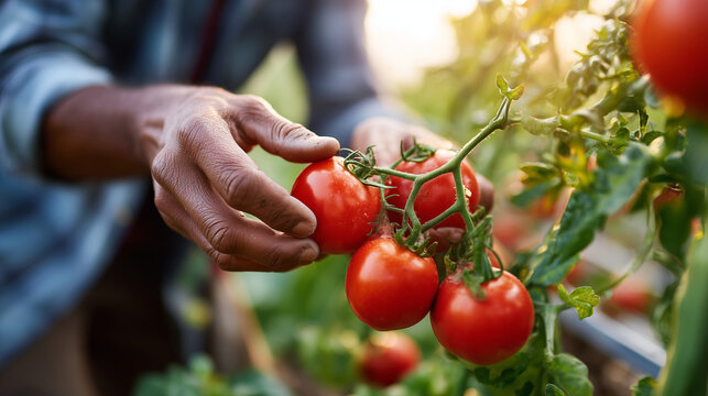 Faceless hands picking ripe red tomatoes from a vine in a home garden, soft morning light, dirt under fingernails, authentic yard work, sustainability, harvest, lifestyle, professi