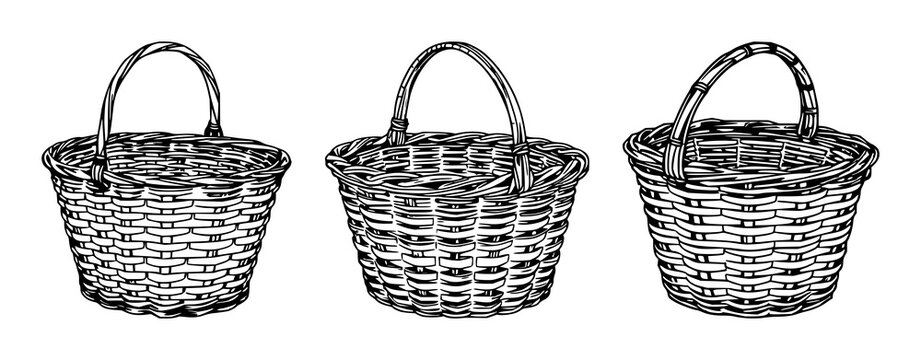 Wicker picnic basket set with detailed black line art on white background featuring hand-woven texture, wicker pattern, outdoor leisure with picnic and garden