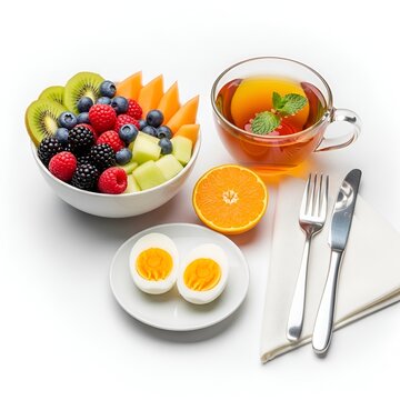 Healthy breakfast boiled egg fruit bowl herbal tea