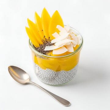 Healthy breakfast chia pudding mango coconut flakes