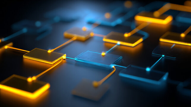 Investment decision flowchart glowing in blue and gold tones. 