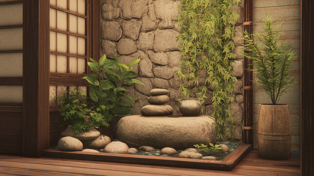 Japanese-inspired Zen corner with stone, plant, and bamboo. 