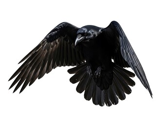 Obraz premium Black crow in flight against white sky with wings spread wide