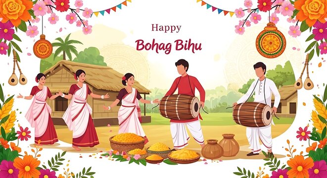 People celebrating bohag bihu in a traditional assamese village