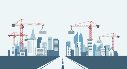 Cranes in a city skyline view. © Mbahne