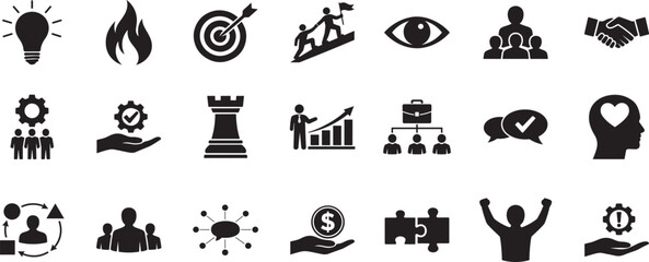 Fototapeta premium Leadership icon set with team, strategy, vision and management symbols for business growth design