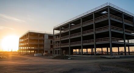Fototapeta premium Modern industrial construction site at golden hour with steel framework and sunset lighting