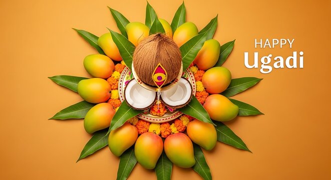 Happy ugadi festival with mango leaves and fruit