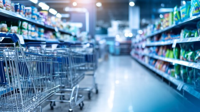 Aisle Filled with Packaged Goods and Shopping Carts in Store Interior