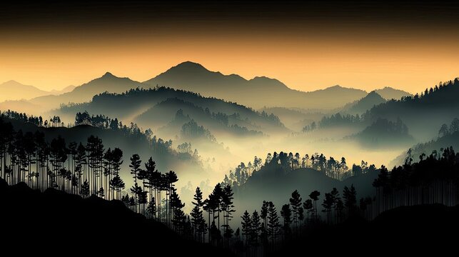Layered mountain ranges display dense forestation shrouded in morning mist beneath a warm sky