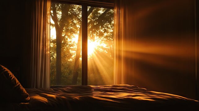 Bright sunlight streams through a window illuminating the interior of a dimly lit bedroom.