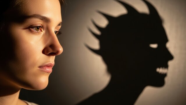 A woman with a demonic shadow representing her inner self.