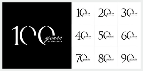 Set of 10 to 100 anniversary logo design. years celebration 10 to 100 logo icon vector collection. elegant luxury symbol concept. © ZRpro