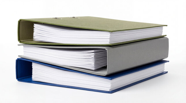 Three stacked folders in olive green, gray, and dark blue filled with white paper, isolated on white background