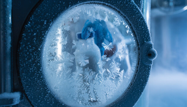 Frosted view through a porthole showing cryogenic storage and frozen objects within