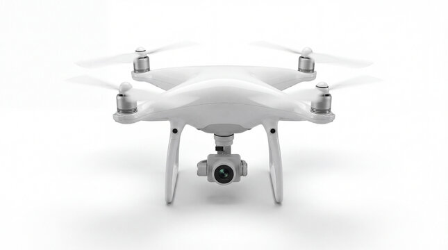 White quadcopter drone with propeller guards and camera, isolated on white background showing modern tech