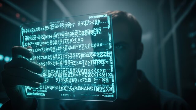 Person studying a transparent tablet with alien or encrypted text.