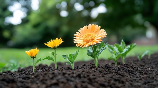 Flower growth progression in dark soil with green foliage background