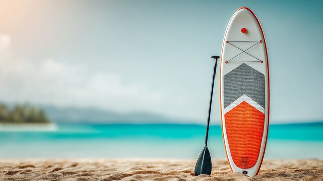 Stand-Up Paddle Board Positioned Upright on Sandy Beach with Clear Water