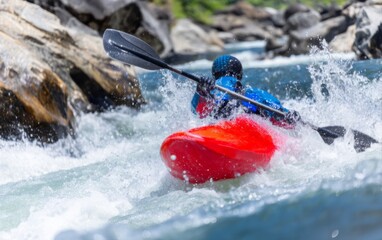 Fototapeta premium Kayaker Navigates Turbulent Rapids with Splashes in a Dynamic River Scene