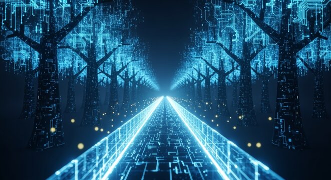 Futuristic Digital Forest Path with Blue Neon Circuitry and Glowing Lights