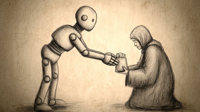 Sketch of a robot offering a container to a robed figure, rendered in sepia tones