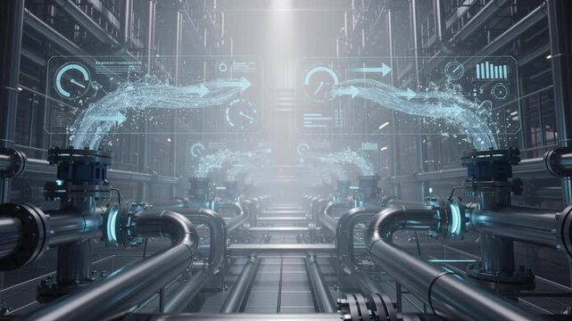 Futuristic control room with digital holograms and interconnected metal pipes for advanced technology interface