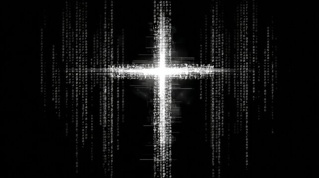Minimal concept glowing cross made from binary data.