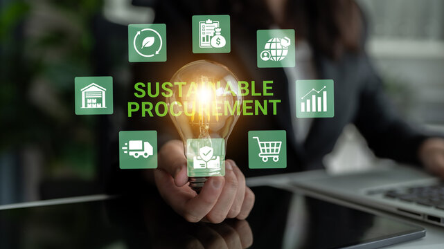 Visual representation of sustainable procurement showcasing a lightbulb and various icons, emphasizing eco-friendly business strategies and efficient supply chain management practices. Ledger