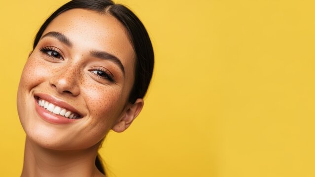 Cheerful young woman with freckles smiling against a yellow background.