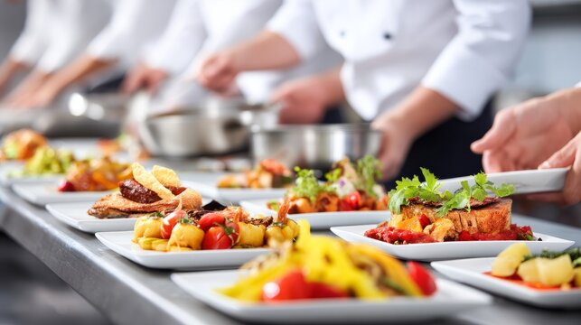 Professional chefs assembling dishes on stainless steel prep table